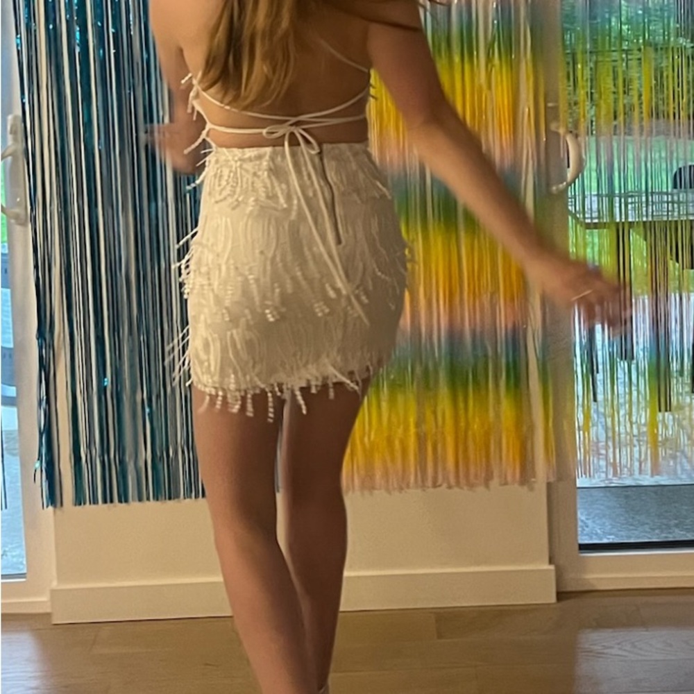Lulu's White Beaded Fringe Spaghetti Strap Mini Dress - Picture 6 of 6